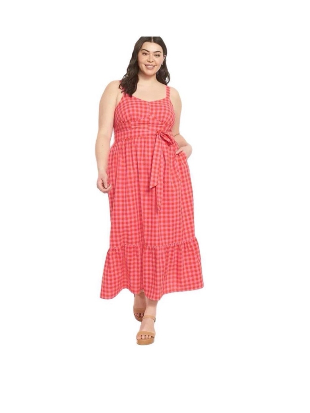 Plus Size Coral Gingham Tie-Waist Sundress